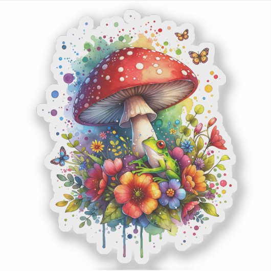 Niedlicher Frosch, Blume, Schmetterlinge und Pilze Aufkleber (Vorderseite)