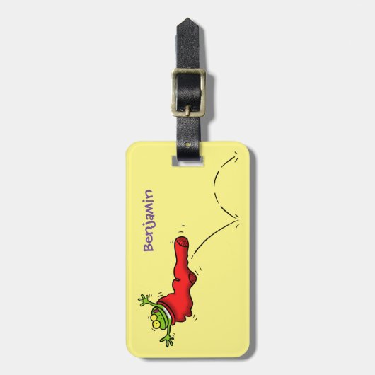 Niedlicher Frosch in einem roten Cartoon Gepäckanhänger (Vorderseite vertikal)