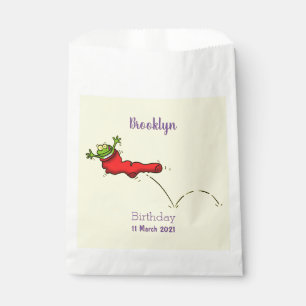 Niedlicher Frosch in einem roten Cartoon Geschenktütchen