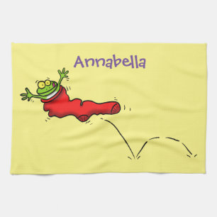 Niedlicher Frosch in einem roten Cartoon Geschirrtuch