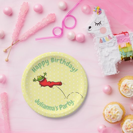 Niedlicher Frosch in einem roten Cartoon Pappteller (Party)
