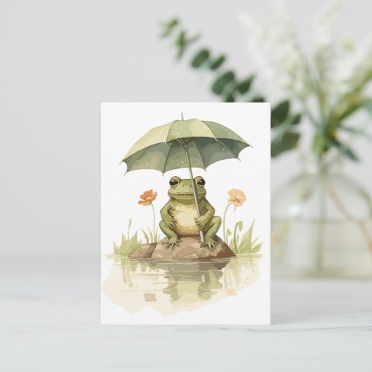 Niedlicher Frosch mit einem Regenschirm am See Postkarte (Stehend Vorderseite)