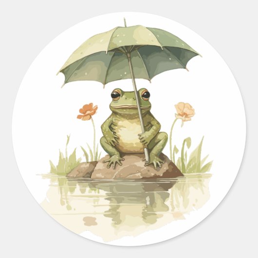 Niedlicher Frosch mit einem Regenschirm am See Runder Aufkleber (Vorderseite)