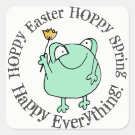 Niedlicher Frosch mit gelbem Tulpe Hoppy Osterfeig Quadratischer Aufkleber