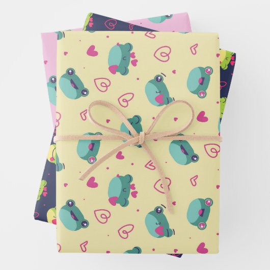 Niedlicher Frosch Rosa Herz Liebe Muster Valentins Geschenkpapier Set (Beispiel)