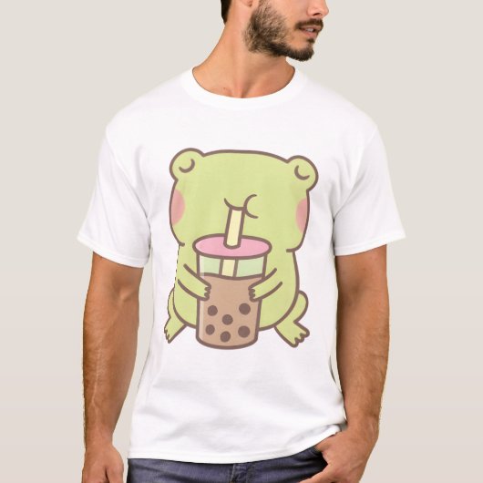 Niedlicher Frosch trinkt Boba-Bubble-Tee T-Shirt (Vorderseite)
