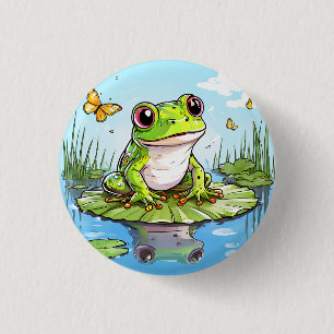 Niedlicher Frosch und Schmetterlinge auf Lily Pad Button
