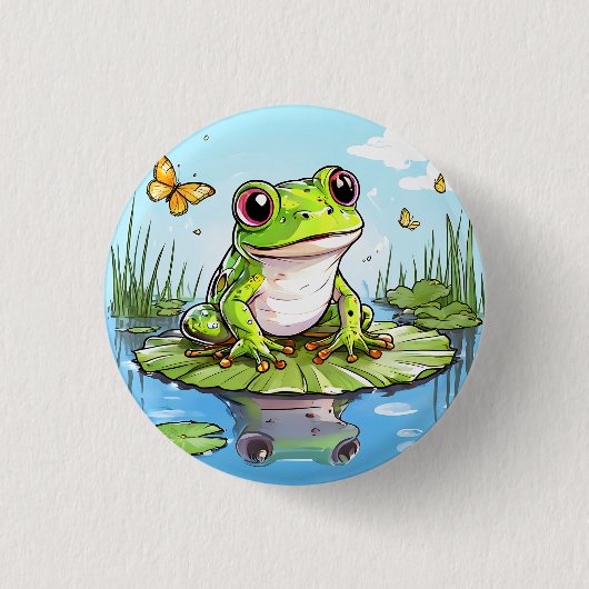 Niedlicher Frosch und Schmetterlinge auf Lily Pad Button (Vorderseite)