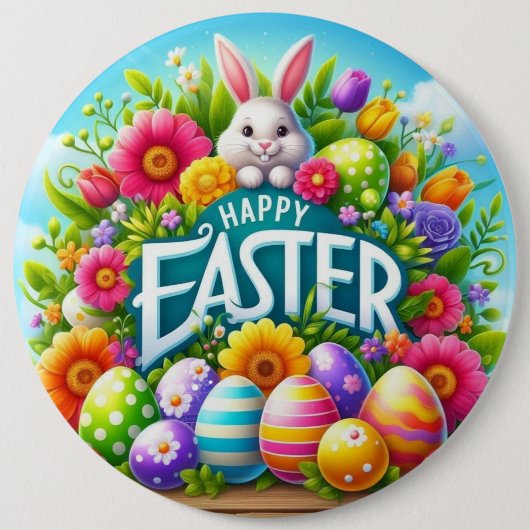 Niedlicher Frühjahr/Osterhase mit Ei Button (Vorderseite)