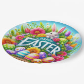 Niedlicher Frühjahr/Osterhase mit Ei Pappteller (Schrägansicht)