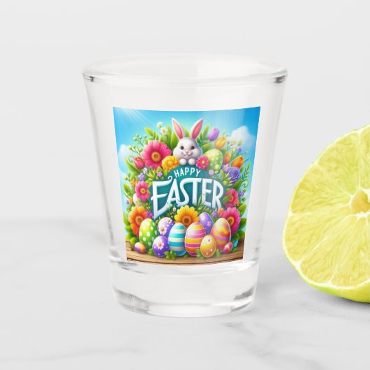 Niedlicher Frühjahr/Osterhase mit Ei Schnapsglas (Vorderseite)