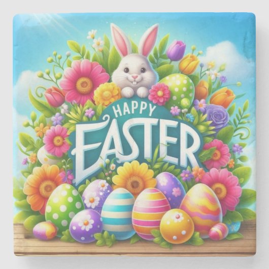 Niedlicher Frühjahr/Osterhase mit Ei Steinuntersetzer (Vorderseite)