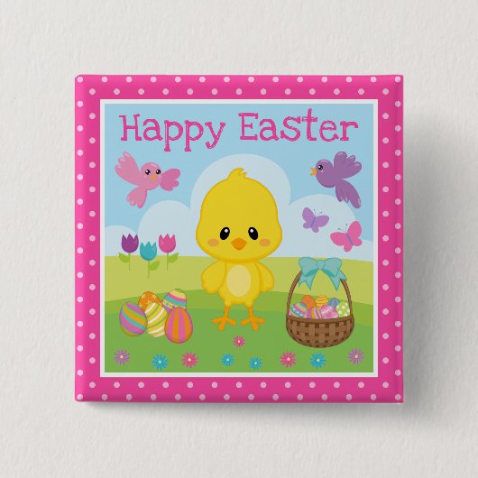 Niedlicher Frühling Ostern Kiche und Schokolade Ei Button (Vorderseite)