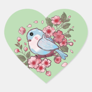 Niedlicher Frühlingsblaue Vogel & Kirschblüten-Aqu Herz-Aufkleber