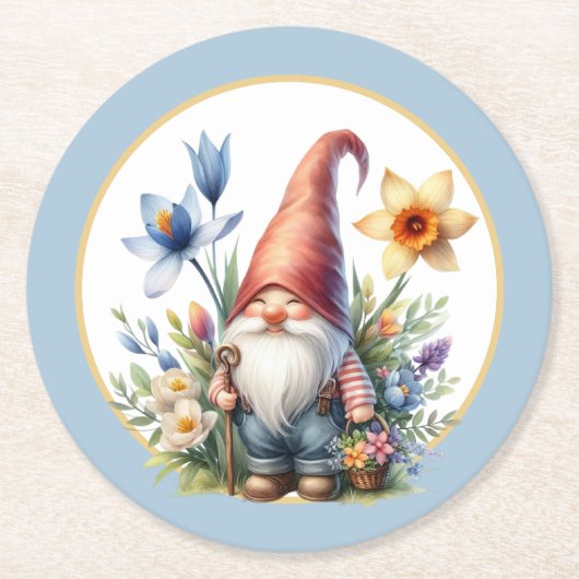 Niedlicher Frühlingsgarten Party Gnome Runder Pappuntersetzer (Vorderseite)