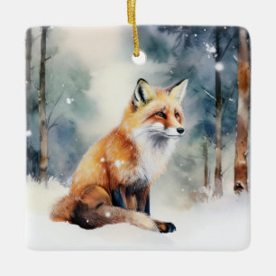 Niedlicher Fuchs im schneebedeckten Wald Keramikornament