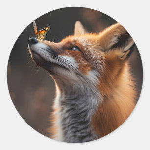 Niedlicher Fuchs mit Schmetterling auf der Nase Runder Aufkleber