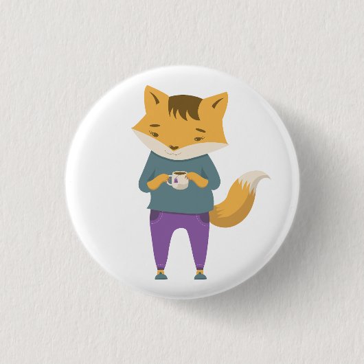 Niedlicher Fuchs mit Tasse Tee Button (Vorderseite)