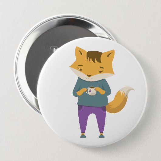Niedlicher Fuchs mit Tasse Tee Button (Vorne & Hinten)