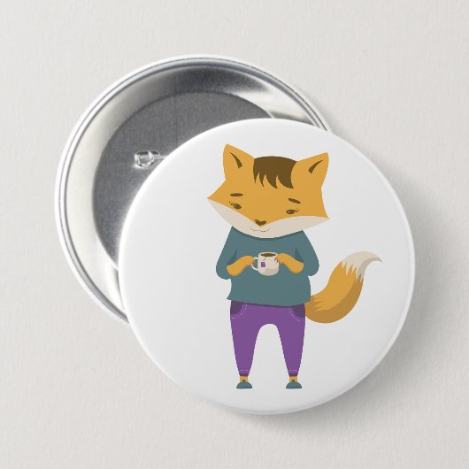 Niedlicher Fuchs mit Tasse Tee Button (Vorne & Hinten)