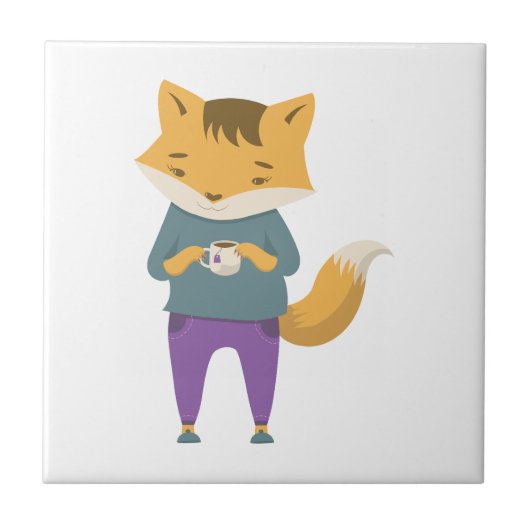 Niedlicher Fuchs mit Tasse Tee Fliese (Vorderseite)