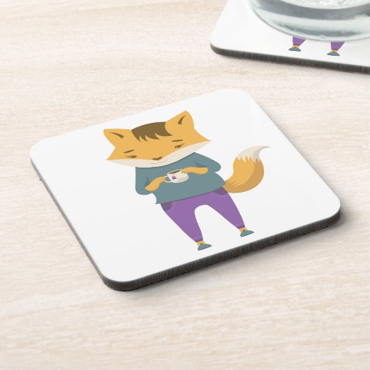 Niedlicher Fuchs mit Tasse Tee Getränkeuntersetzer (Linke Seite)