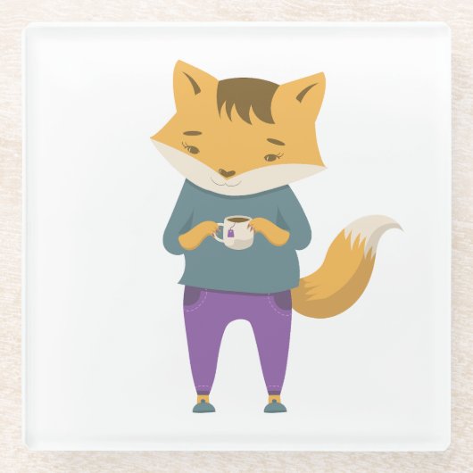 Niedlicher Fuchs mit Tasse Tee Glasuntersetzer (Vorderseite)