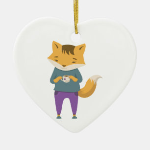 Niedlicher Fuchs mit Tasse Tee Keramik Ornament