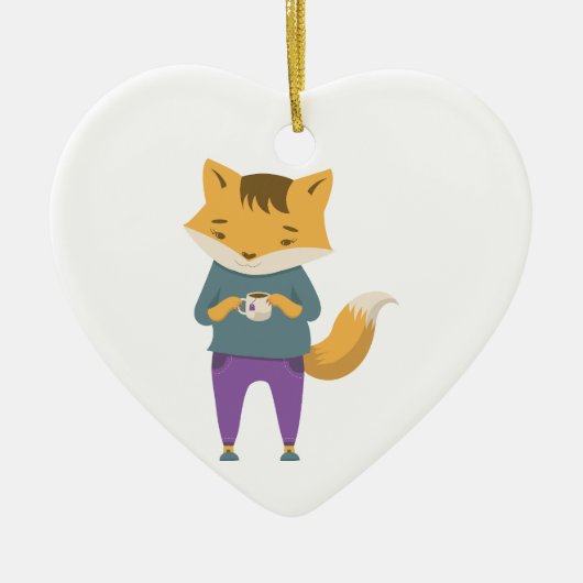 Niedlicher Fuchs mit Tasse Tee Keramik Ornament (Vorne)