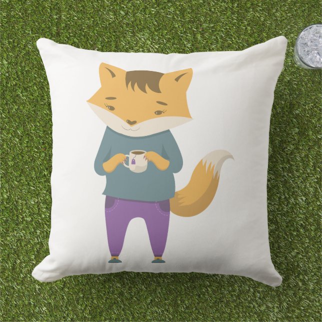 Niedlicher Fuchs mit Tasse Tee Kissen (Gras)