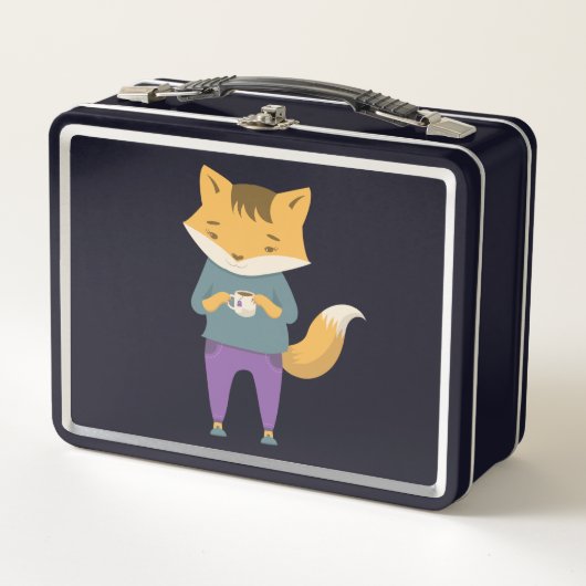 Niedlicher Fuchs mit Tasse Tee Metall Brotdose (Vorderseite)