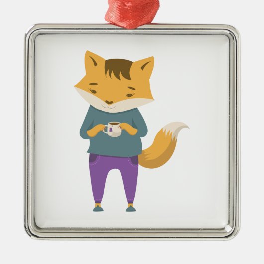 Niedlicher Fuchs mit Tasse Tee Ornament Aus Metall (Vorne)