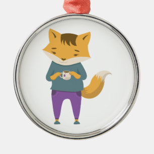 Niedlicher Fuchs mit Tasse Tee Ornament Aus Metall