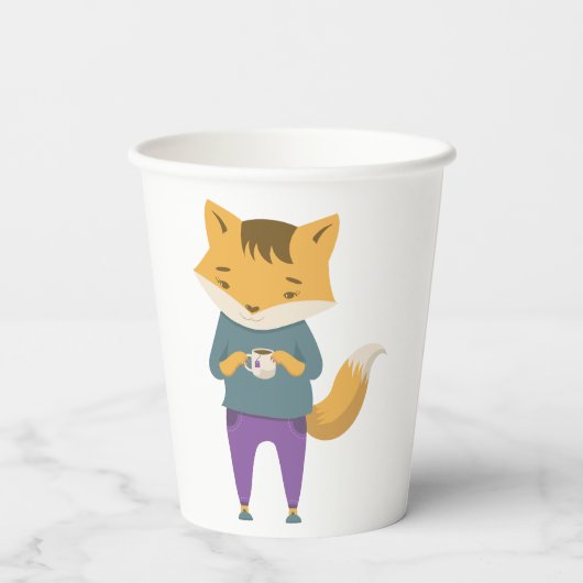 Niedlicher Fuchs mit Tasse Tee Pappbecher (Rückseite)