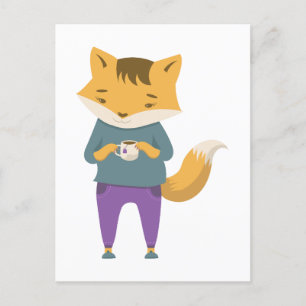 Niedlicher Fuchs mit Tasse Tee Postkarte