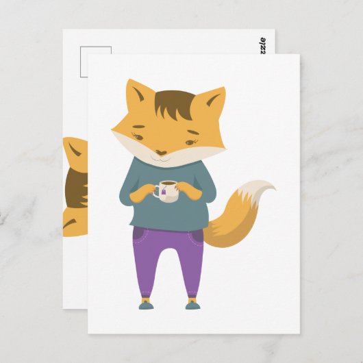 Niedlicher Fuchs mit Tasse Tee Postkarte (Vorne/Hinten)