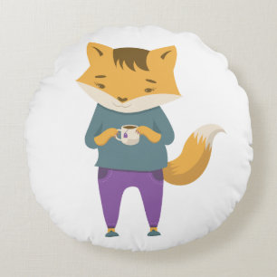 Niedlicher Fuchs mit Tasse Tee Rundes Kissen