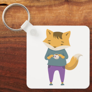 Niedlicher Fuchs mit Tasse Tee Schlüsselanhänger