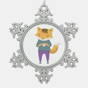 Niedlicher Fuchs mit Tasse Tee Schneeflocken Zinn-Ornament
