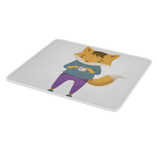 Niedlicher Fuchs mit Tasse Tee Schneidebrett (Ecke)