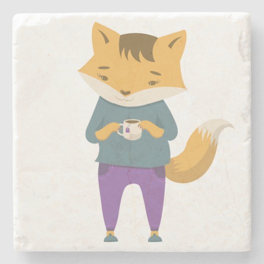 Niedlicher Fuchs mit Tasse Tee Steinuntersetzer (Vorderseite)