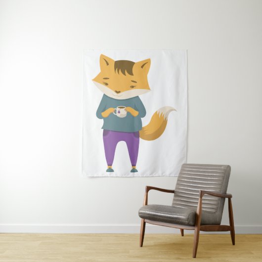Niedlicher Fuchs mit Tasse Tee Wandteppich (Beispiel)