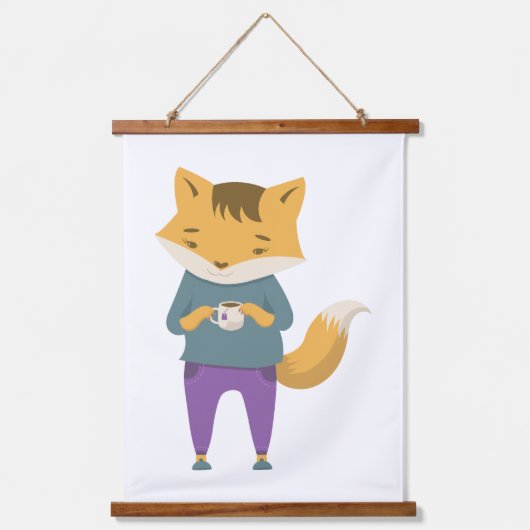 Niedlicher Fuchs mit Tasse Tee Wandteppich Mit Holzrahmen (Vorderseite)