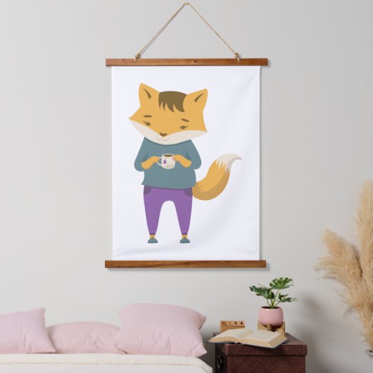 Niedlicher Fuchs mit Tasse Tee Wandteppich Mit Holzrahmen (Schlafzimmer)