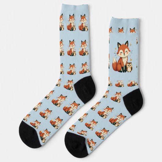 Niedlicher Fuchs und Eule - Whimsische Wald-Illust Socken (Linkes Detail)