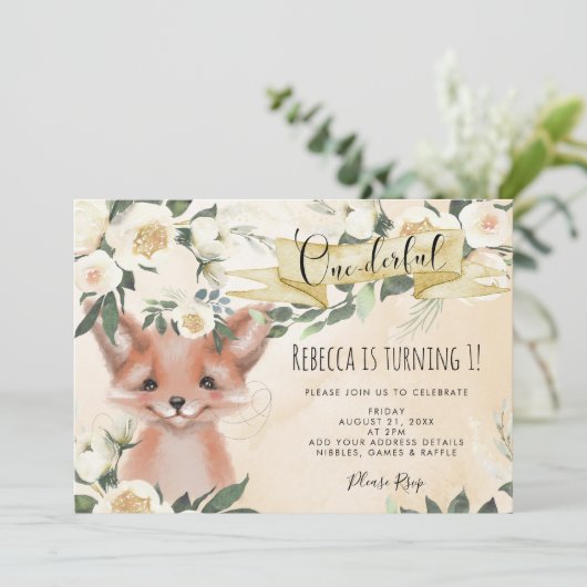 niedlicher Fuchsblütenhändler zum 1. Geburtstag Einladung (Stehend Vorderseite)