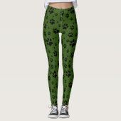 Niedlicher Fun Black auf grüner Paw-Prints Leggings (Vorderseite)