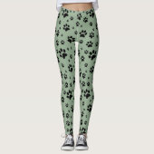 Niedlicher Fun Black on Sage Green Paw Prints Leggings (Vorderseite)