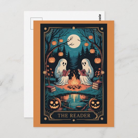 Niedlicher Funny Fall Halloween Tarot Ghost Read B Postkarte (Vorne/Hinten)
