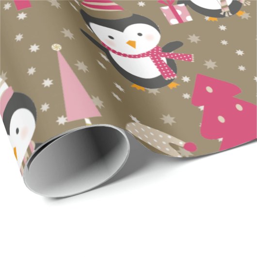 Niedlicher Funny Pinguin Pink Xmas Bäume Kinder We Geschenkpapier (Rolleneckpunkt)